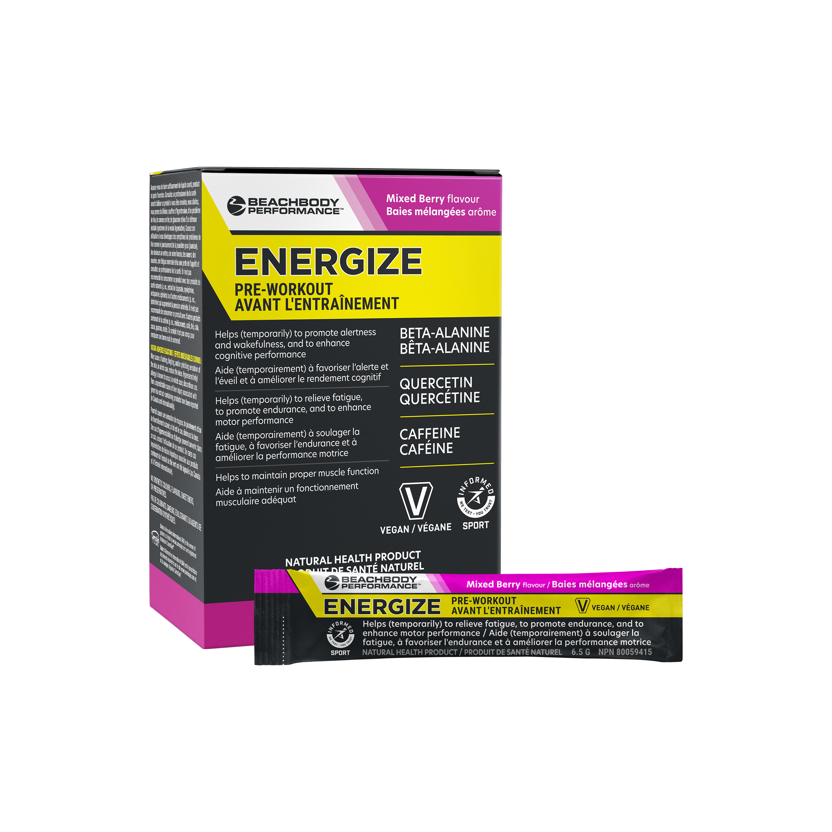 Beachbody Performance Energize pre-workout supplement box and single sachet.