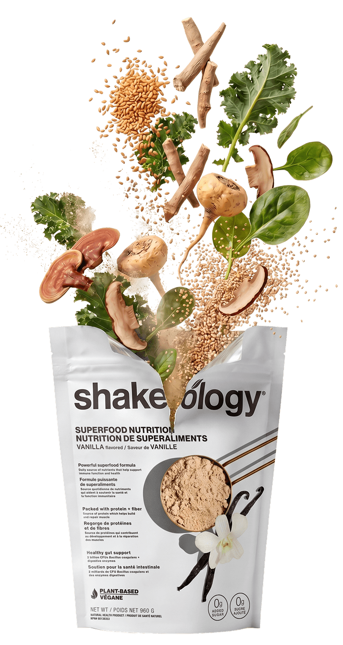 Shakeology Protein + Superfoods exploding from a package