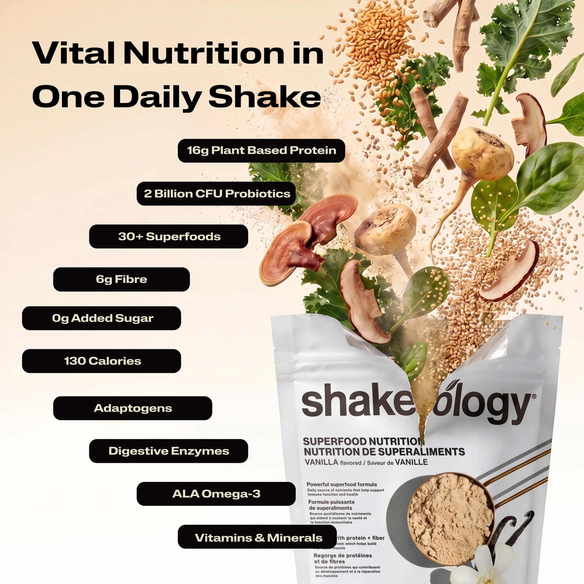 A promotional graphic for Shakeology Vital Nutrition in One Daily Shake. The left side features key nutritional benefits.
