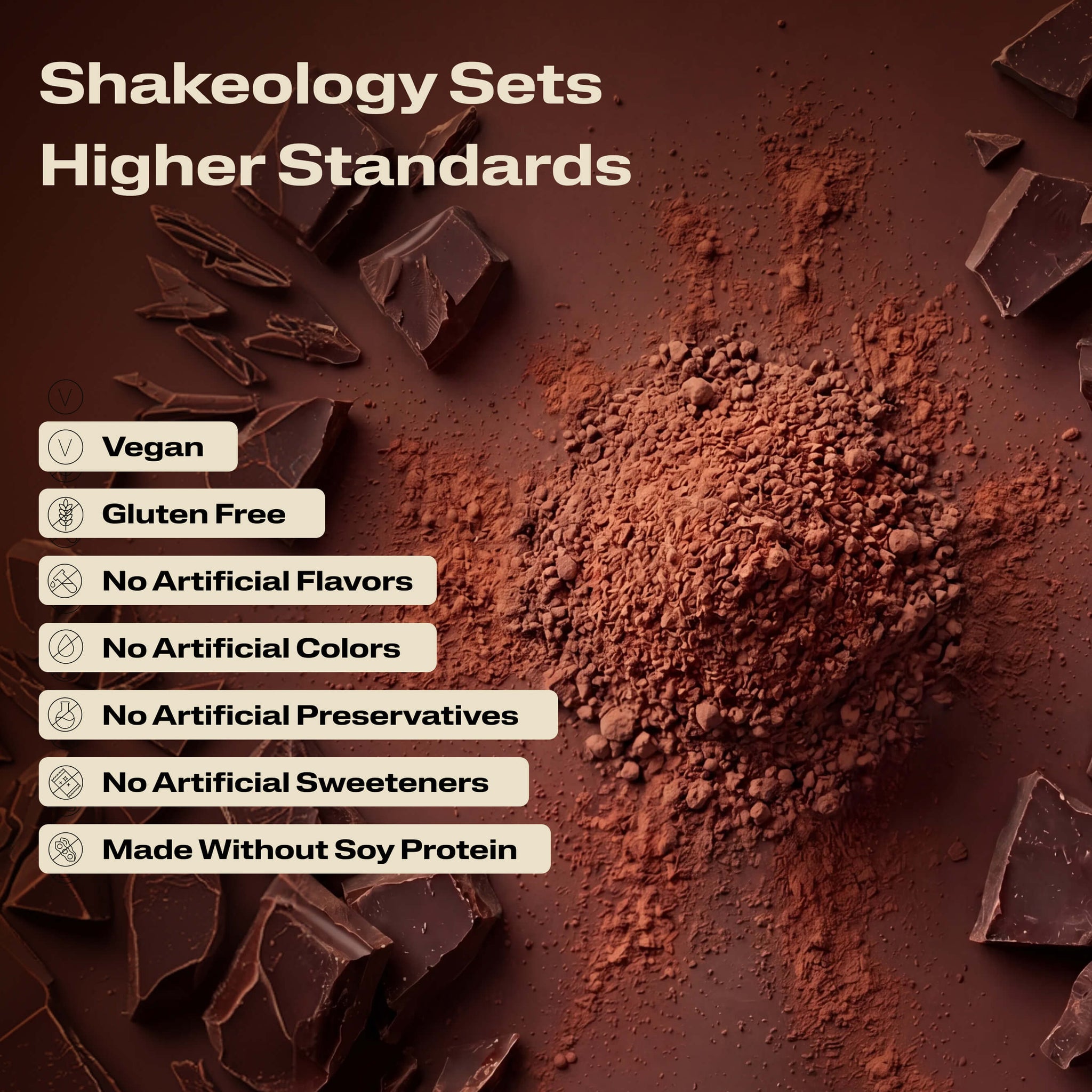 A close-up promotional graphic of Shakeology protein, superfood powder with validation callouts