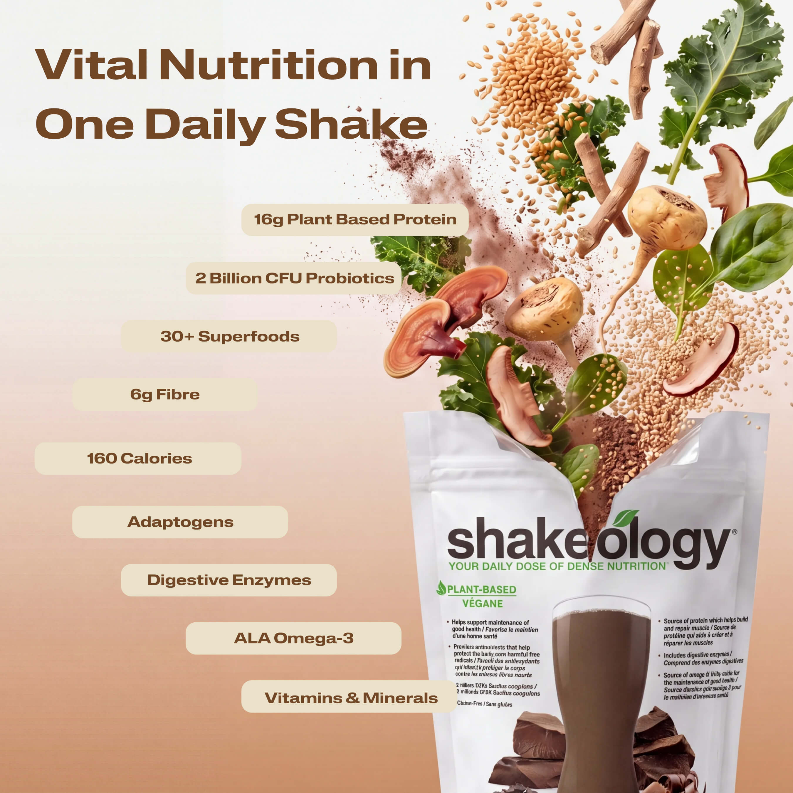 A promotional graphic for Shakeology Vital Nutrition in One Daily Shake. The left side features key nutritional benefits.
