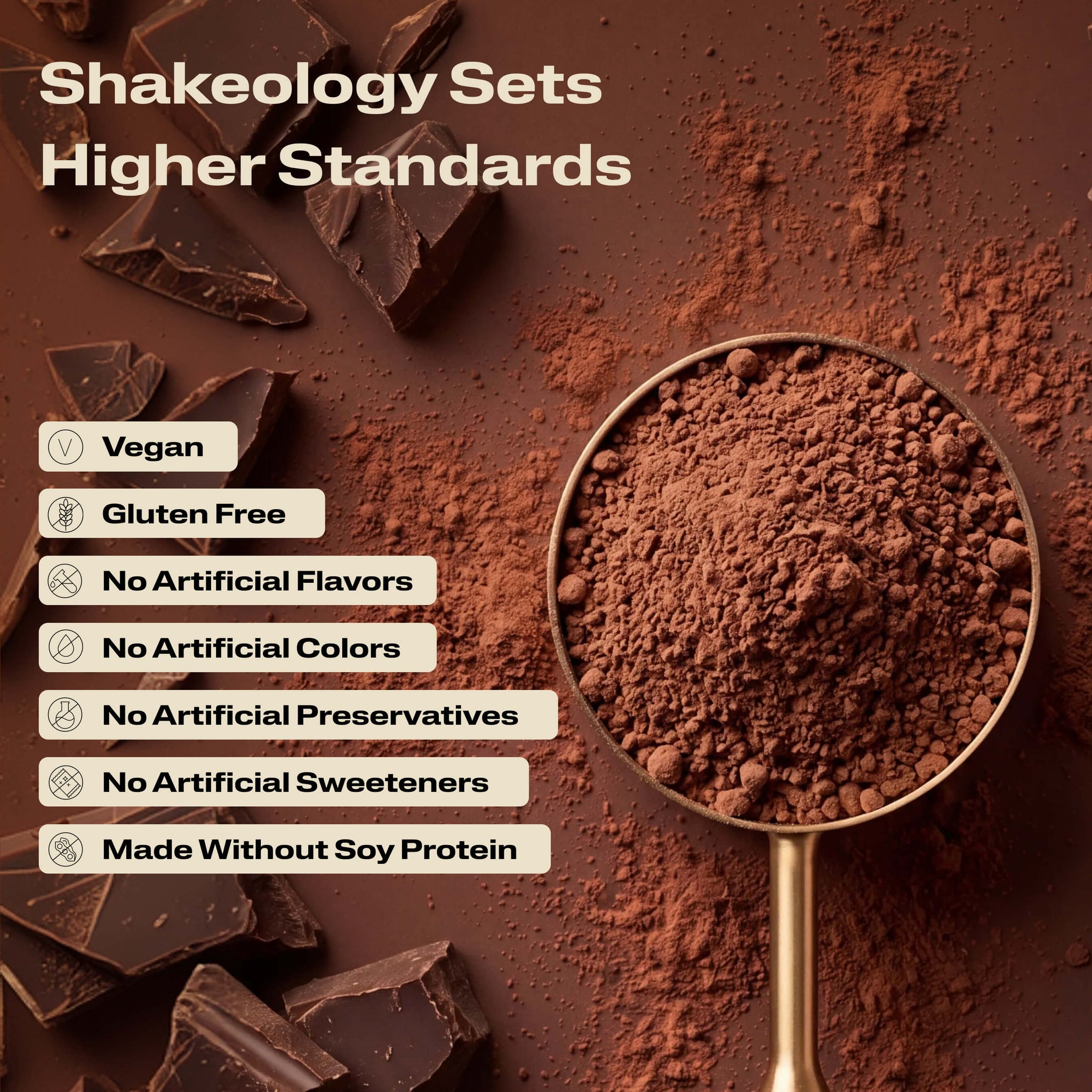 A close-up promotional graphic of Shakeology protein, superfood powder with validation callouts