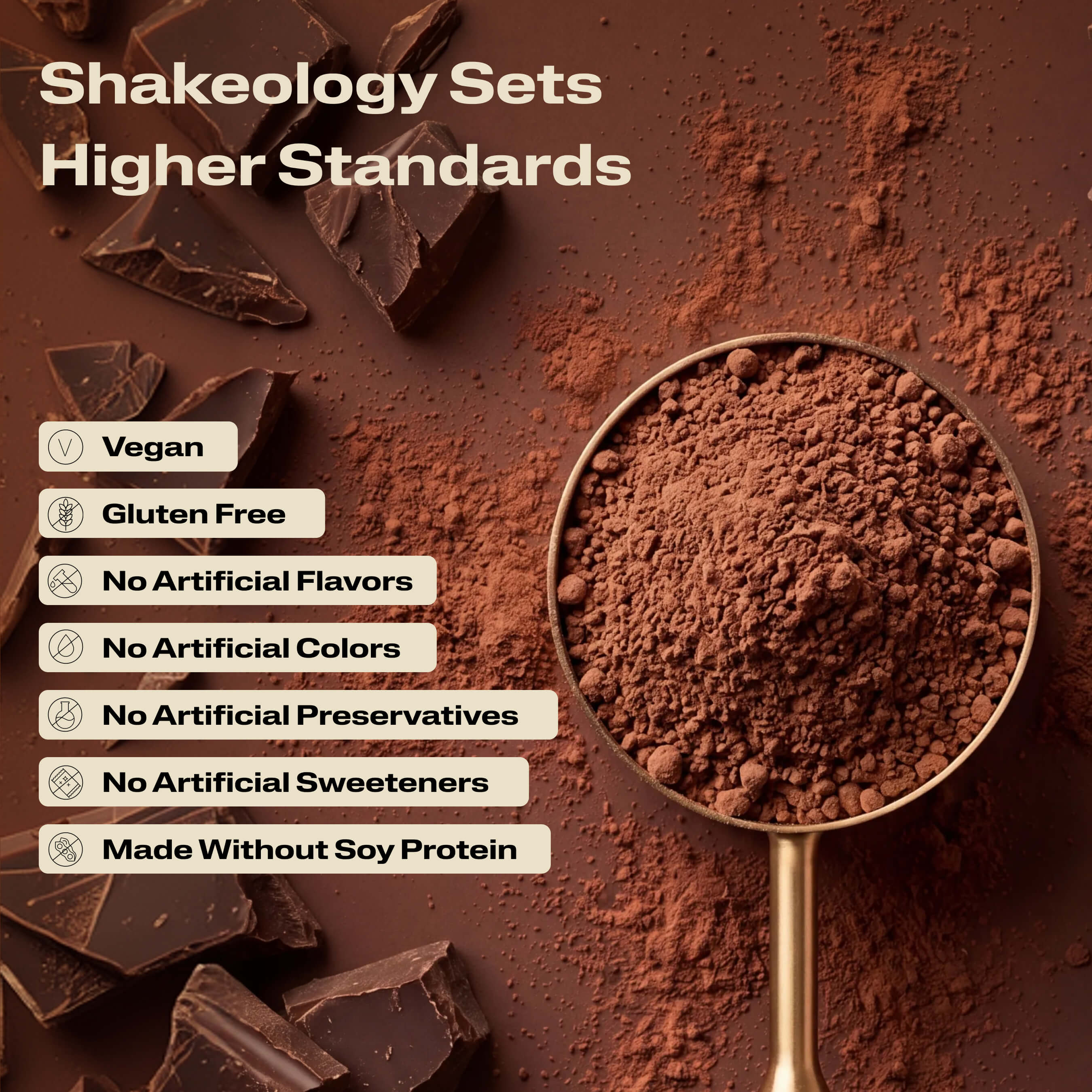A close-up promotional graphic of Shakeology protein, superfood powder with validation callouts