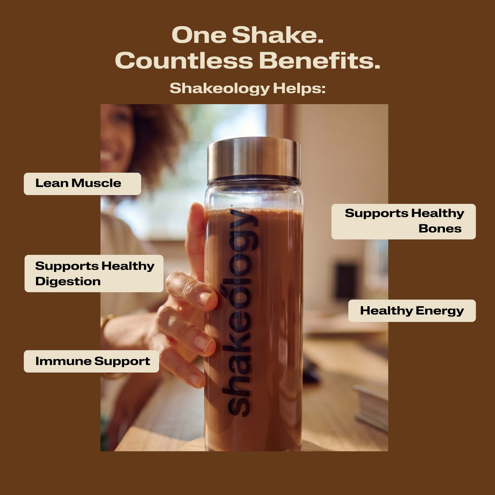 A promotional graphic of a person holding a Shakeology branded clear bottle filled with a shake with benefit callouts