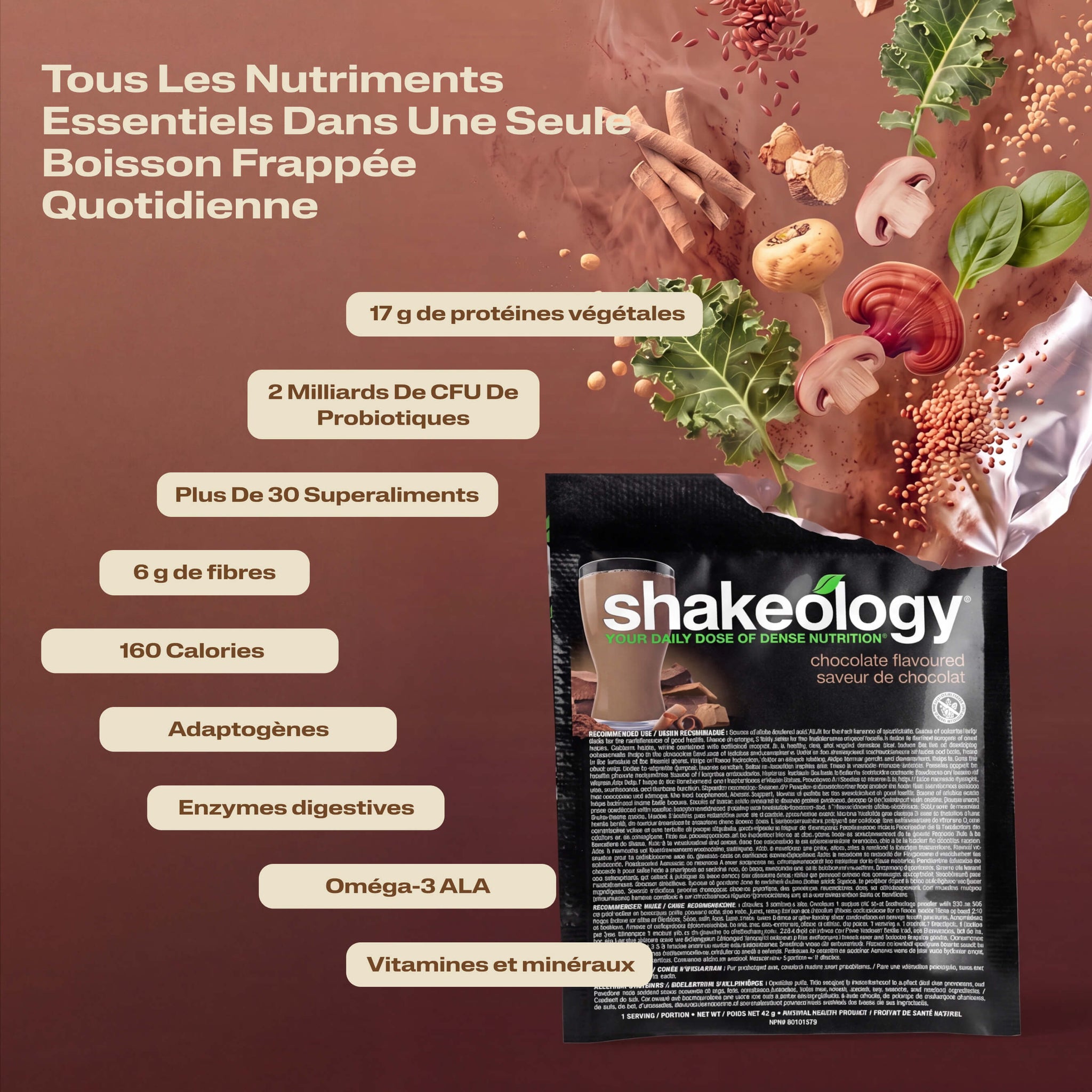 A promotional graphic for Shakeology Vital Nutrition in One Daily Shake. The left side features key nutritional benefits.