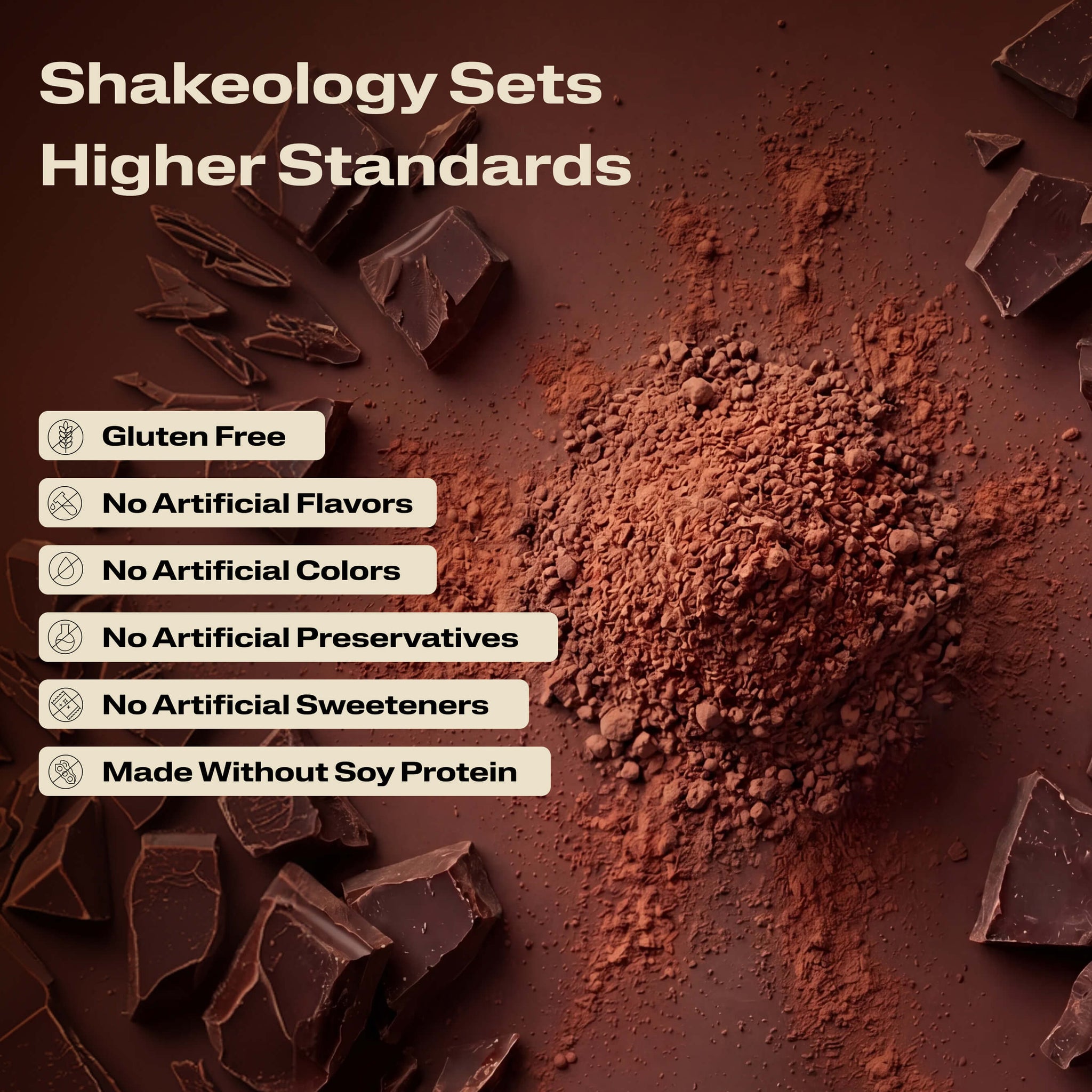 A close-up promotional graphic of Shakeology protein, superfood powder with validation callouts
