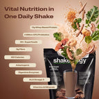 A promotional graphic for Shakeology Vital Nutrition in One Daily Shake. The left side features key nutritional benefits.