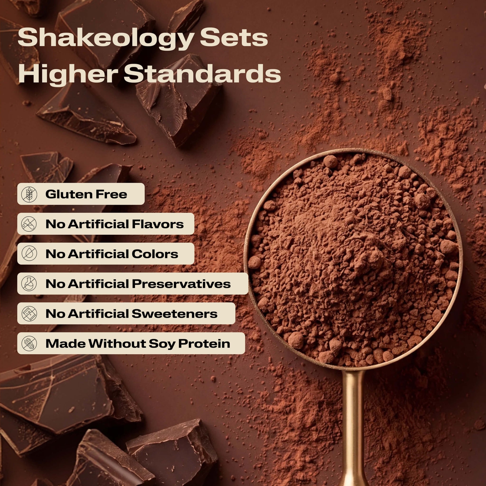 A close-up promotional graphic of Shakeology protein, superfood powder with validation callouts