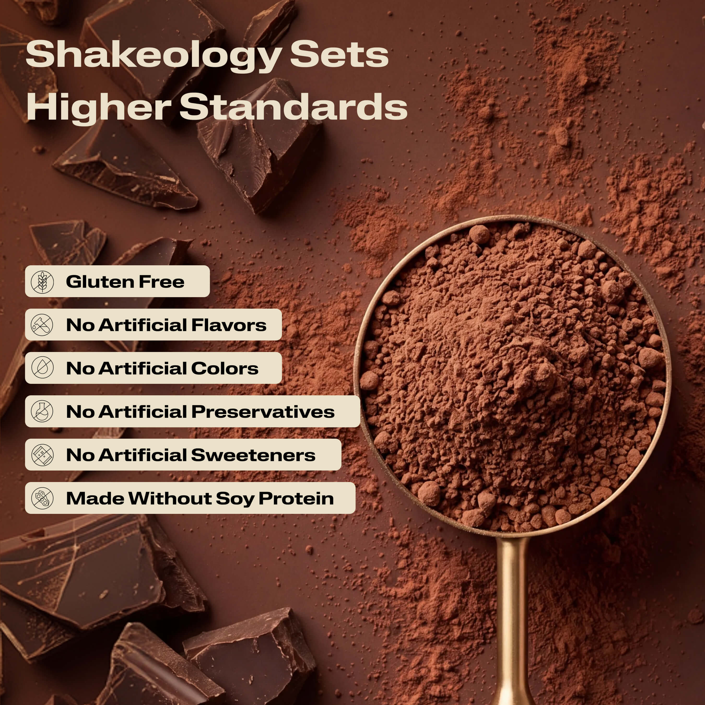 A close-up promotional graphic of Shakeology protein, superfood powder with validation callouts