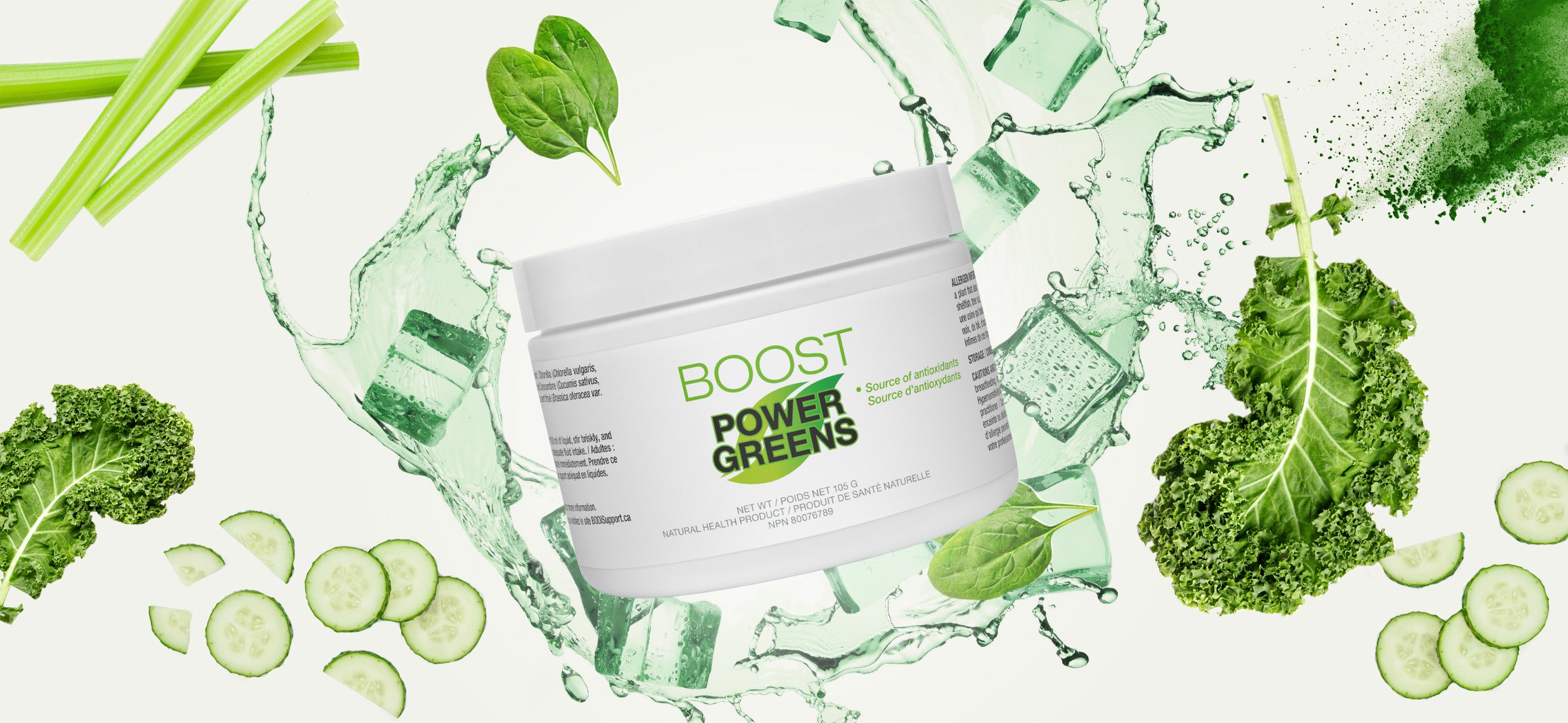 Power Greens tub surrounded by green vegetables